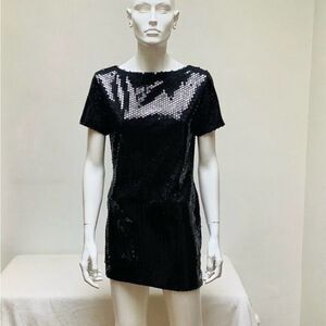 VINTAGE SAELEE MINI ALLOVER SEQUIN DRESS NWOT BLACK SMALL  BODYCON CAP SLEEVE